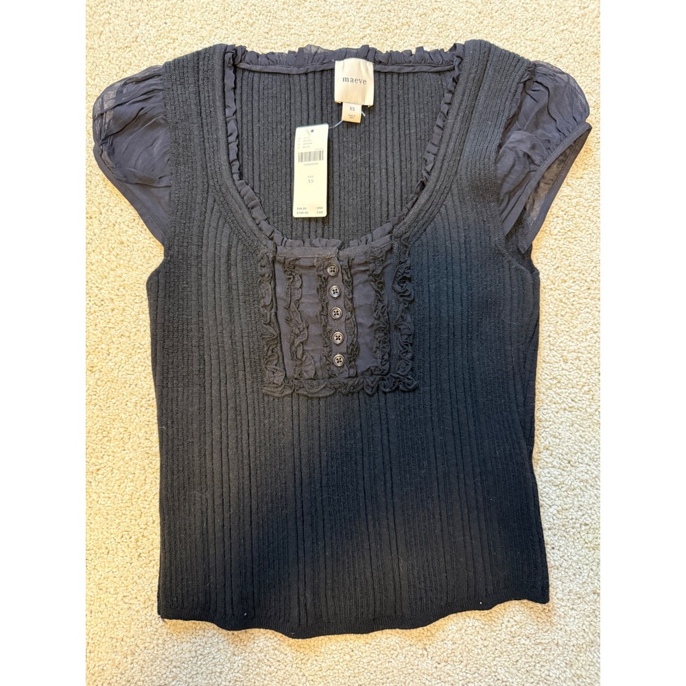 Maeve Anthropologie Black Ribbed Ruffle Scoop Neck Chiffon Cap Sleeve Top XS NEW
